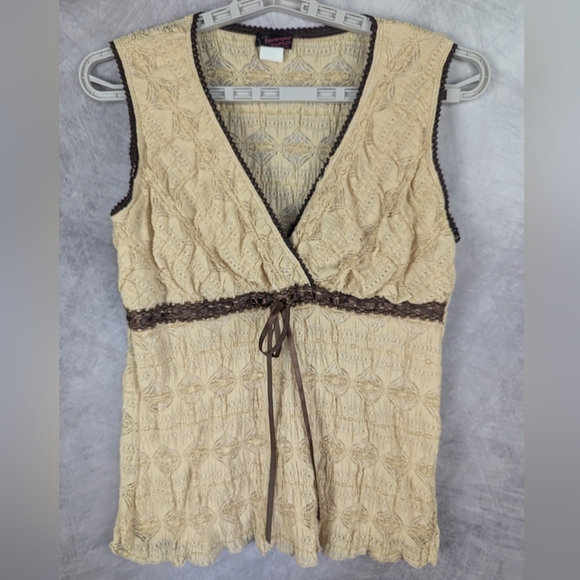 Seventeen Fashion 1X Sleeveless Lace Blouse Tan/Brown With Ribbon Y2K - Picture 1 of 11
